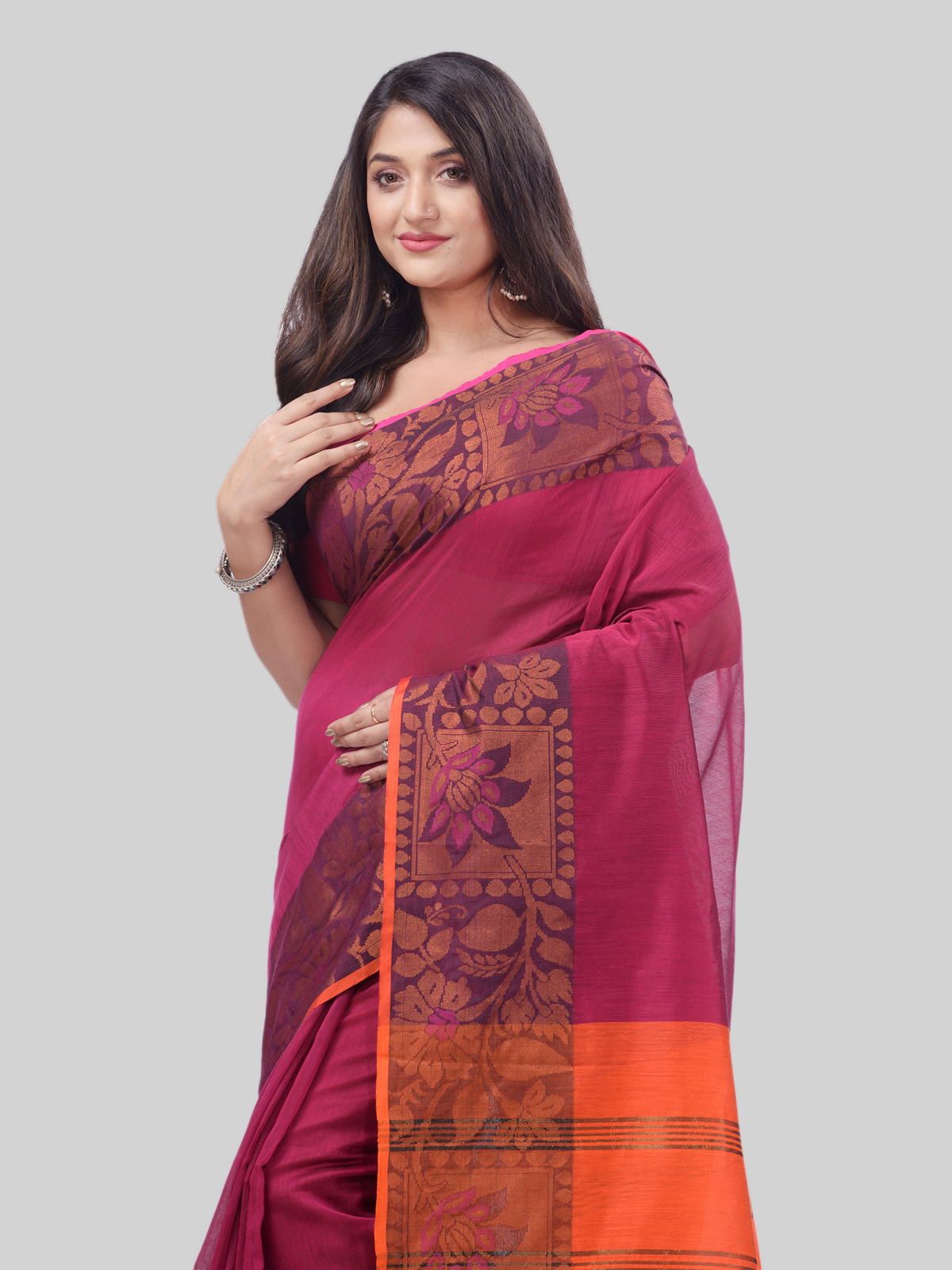 DESH BIDESH Women`s Tant Cotton Silk Handloom Cotton Saree Pushpomala With Blouse Piece(Pink Orange)